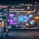 Digital-Marketer betrachtet Laptop mit Augmented-Reality-Native-Ads, schwebenden 3D-Produkten und High-Tech-Tracking-Dashboards in urbaner, cyberpunkartiger Umgebung.