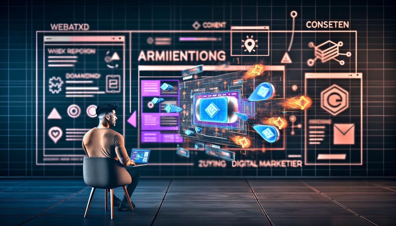 Digital-Marketer betrachtet Laptop mit Augmented-Reality-Native-Ads, schwebenden 3D-Produkten und High-Tech-Tracking-Dashboards in urbaner, cyberpunkartiger Umgebung.