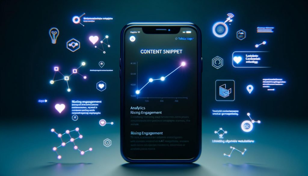 Digitale Illustration eines Smartphones mit der X-App in Dark Mode, Fokus auf einem hervorgehobenen Beitrag mit Analytics und Algorithmus-Icons.