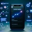 Digitale Illustration eines Smartphones mit der X-App in Dark Mode, Fokus auf einem hervorgehobenen Beitrag mit Analytics und Algorithmus-Icons.