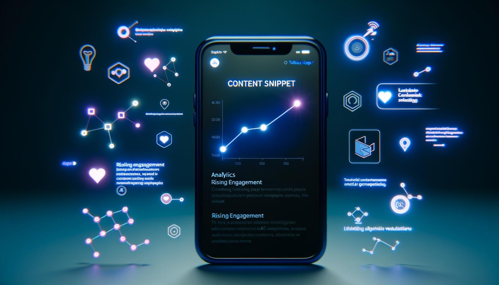 Digitale Illustration eines Smartphones mit der X-App in Dark Mode, Fokus auf einem hervorgehobenen Beitrag mit Analytics und Algorithmus-Icons.