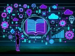 Neonfarbene Editorial-Illustration eines digitalen Framework-Buchs mit leuchtenden Datenbalken, SEO-Icons, futuristischen UI-Elementen und einem Business-Profi mit Tablet vor einer digitalen Skyline.