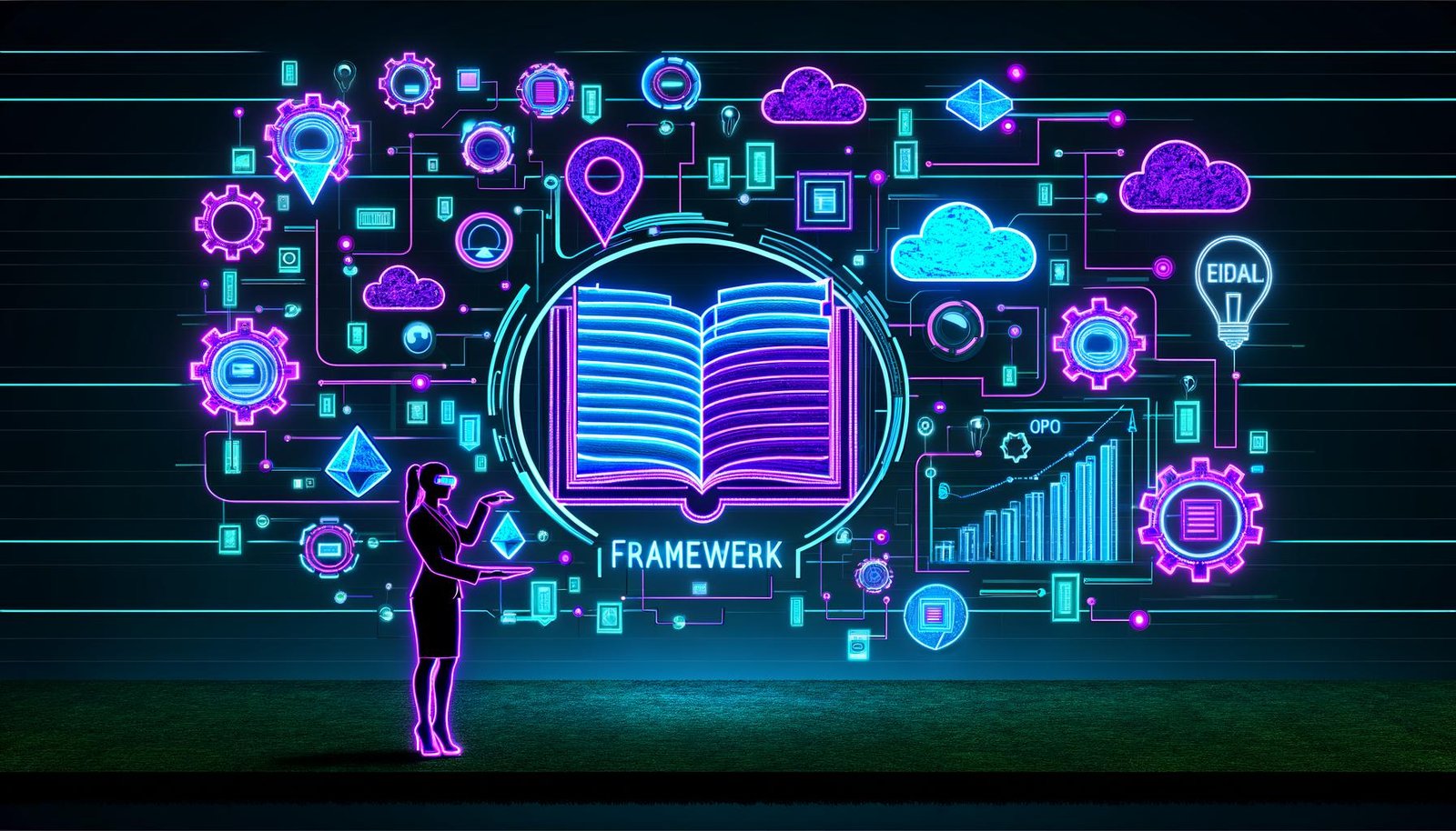 Neonfarbene Editorial-Illustration eines digitalen Framework-Buchs mit leuchtenden Datenbalken, SEO-Icons, futuristischen UI-Elementen und einem Business-Profi mit Tablet vor einer digitalen Skyline.