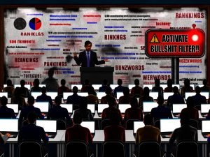 Überfüllter, düsterer Seminarraum mit desinteressierten Teilnehmern, verschlossenen Laptops und Smartphones; Dozent präsentiert monotone SEO-Folien, während ein rotes ‚Bullshit-Filter aktivieren!‘-Warnsignal dominiert.