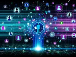 Futuristische Illustration eines Marketers mit Tablet vor leuchtender Datenwand, umgeben von digitalen und analogen Touchpoints und komplexen Netzwerklinien.