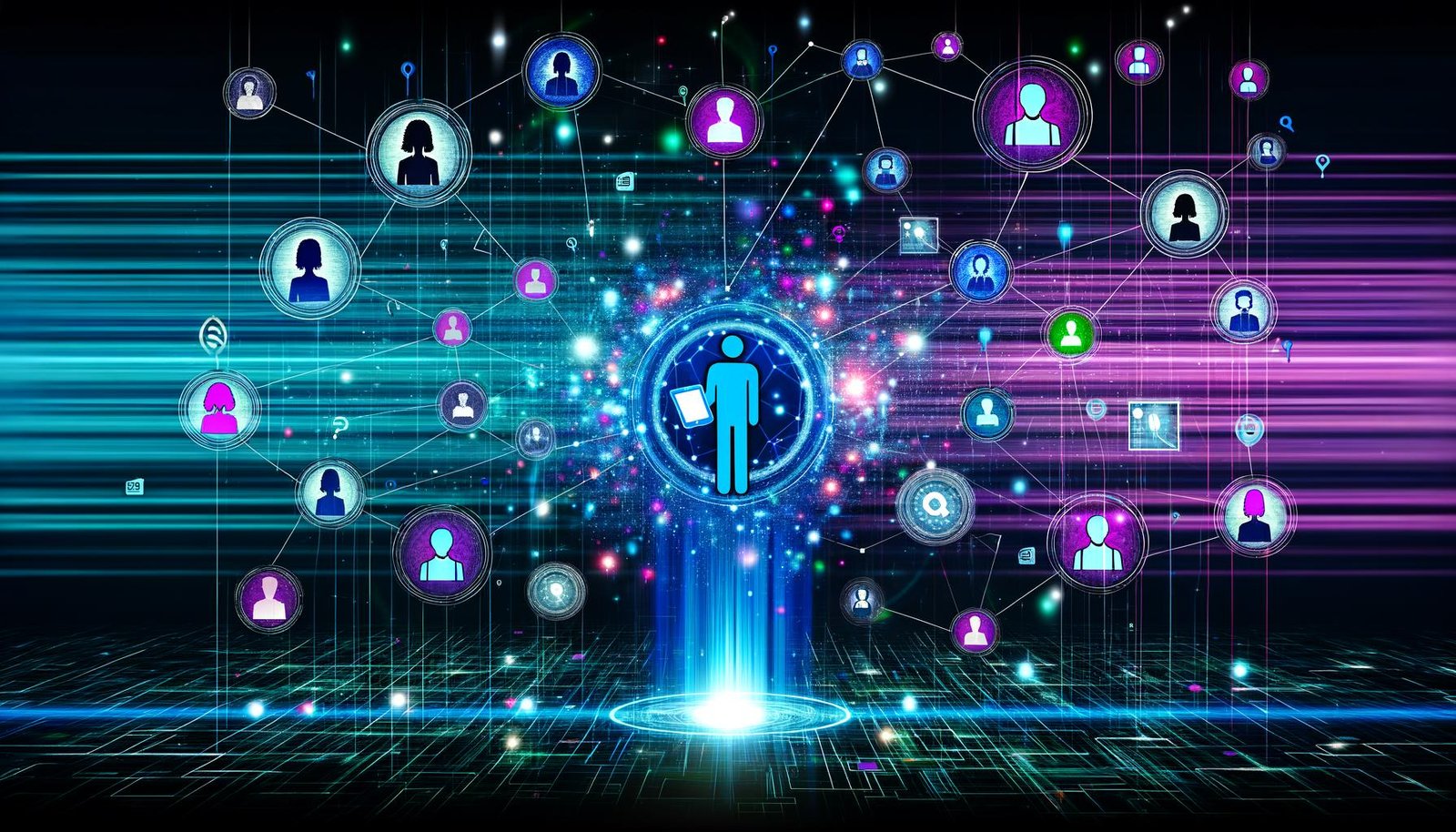 Futuristische Illustration eines Marketers mit Tablet vor leuchtender Datenwand, umgeben von digitalen und analogen Touchpoints und komplexen Netzwerklinien.