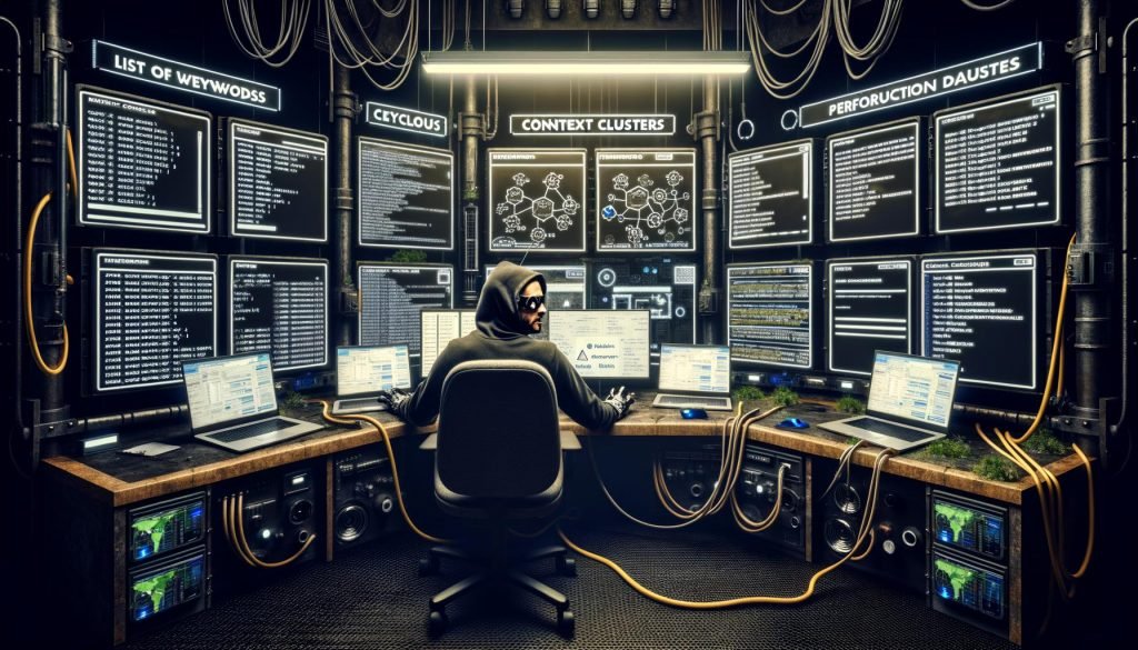 Marketer in einem industriellen Kontrollraum mit Monitoren, Daten-Visualisierungen, Keyword-Listen, Whiteboard und Kabeln umgeben von Hardcore-Automations-Atmosphäre