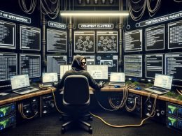 Marketer in einem industriellen Kontrollraum mit Monitoren, Daten-Visualisierungen, Keyword-Listen, Whiteboard und Kabeln umgeben von Hardcore-Automations-Atmosphäre