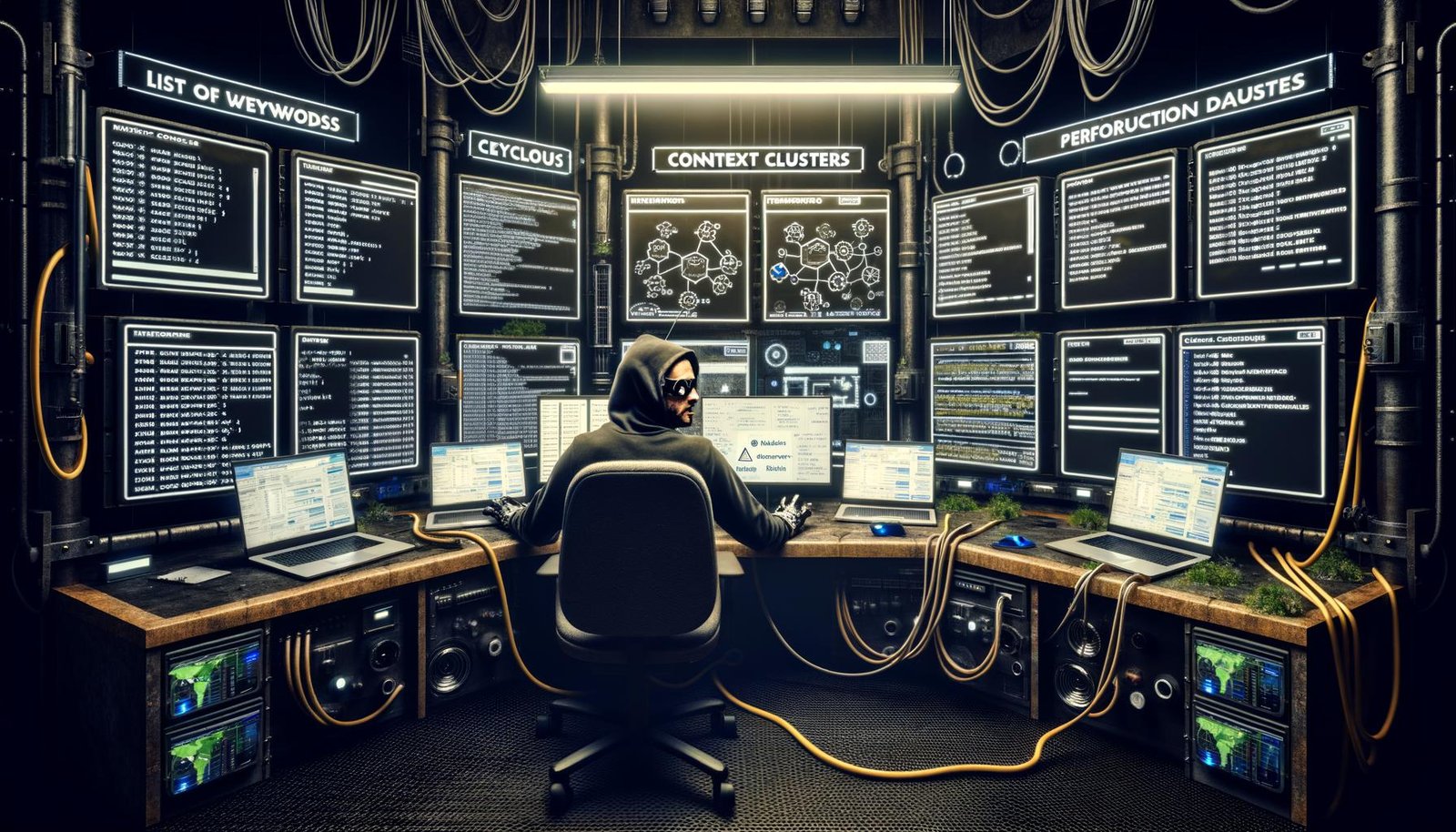 Marketer in einem industriellen Kontrollraum mit Monitoren, Daten-Visualisierungen, Keyword-Listen, Whiteboard und Kabeln umgeben von Hardcore-Automations-Atmosphäre