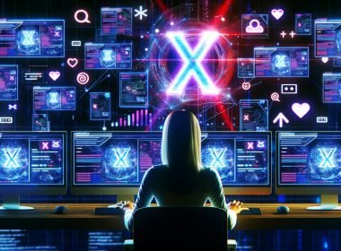 Creator vor mehreren Monitoren mit X-Logo, Datenanalysen, Charts und digitalen Icons in futuristischer, neonbeleuchteter Kontrollraum-Atmosphäre.