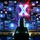 Creator vor mehreren Monitoren mit X-Logo, Datenanalysen, Charts und digitalen Icons in futuristischer, neonbeleuchteter Kontrollraum-Atmosphäre.