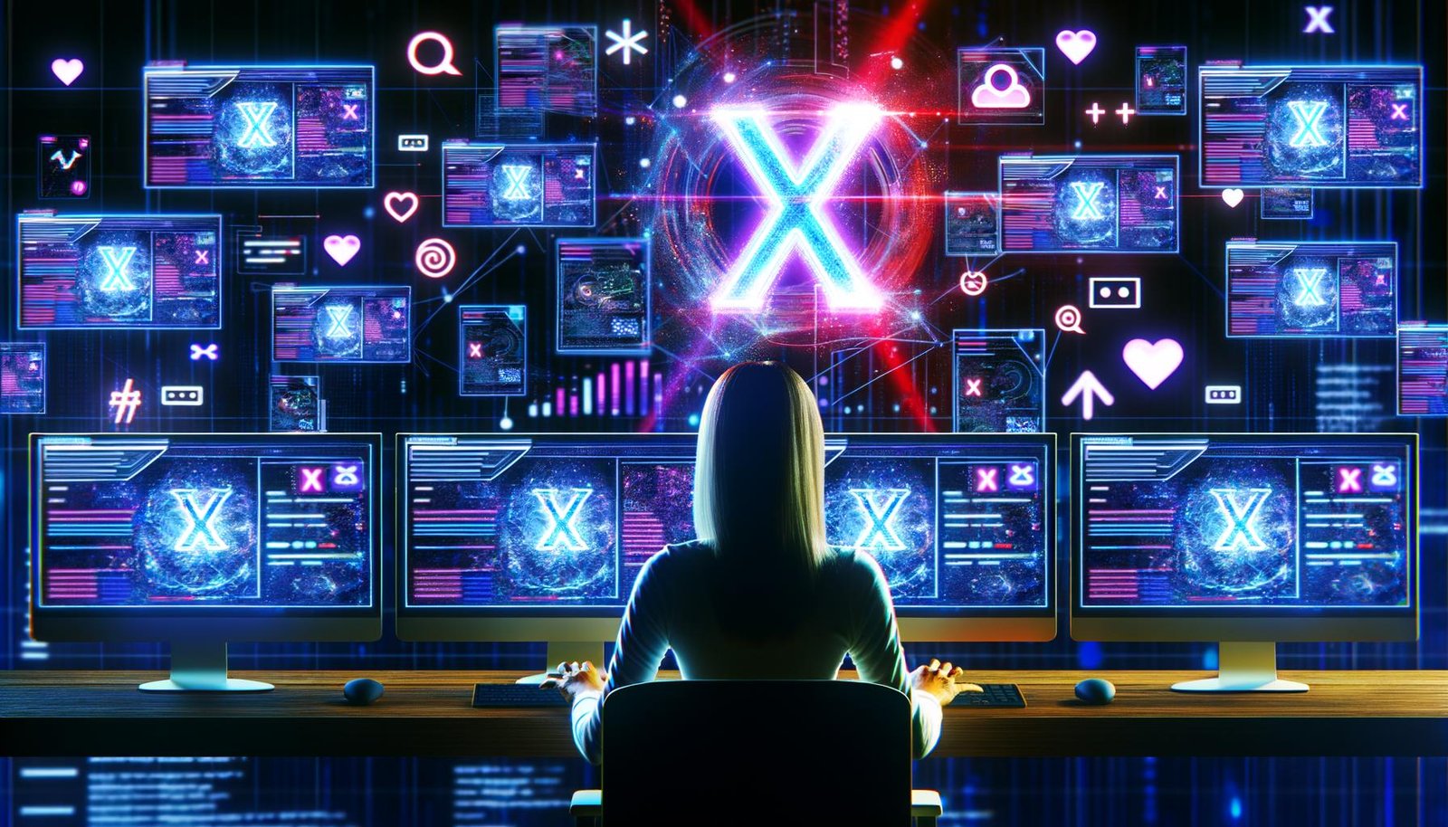 Creator vor mehreren Monitoren mit X-Logo, Datenanalysen, Charts und digitalen Icons in futuristischer, neonbeleuchteter Kontrollraum-Atmosphäre.