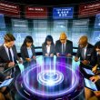 Futuristisches Büro mit transparentem Datenlake, umgeben von digitalen Datenströmen, wo Professionals aus verschiedenen Bereichen an holografischen Diagrammen und Complianceschlössern zusammenarbeiten. Bildschirme im Hintergrund zeigen die Begriffe Governance, Compliance und Datenqualität.