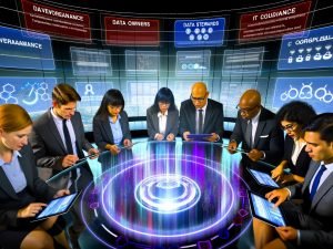 Futuristisches Büro mit transparentem Datenlake, umgeben von digitalen Datenströmen, wo Professionals aus verschiedenen Bereichen an holografischen Diagrammen und Complianceschlössern zusammenarbeiten. Bildschirme im Hintergrund zeigen die Begriffe Governance, Compliance und Datenqualität.