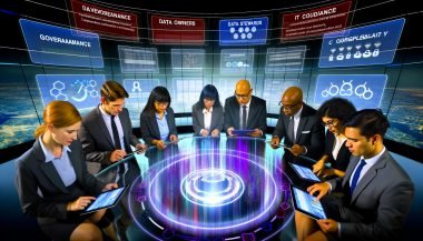 Futuristisches Büro mit transparentem Datenlake, umgeben von digitalen Datenströmen, wo Professionals aus verschiedenen Bereichen an holografischen Diagrammen und Complianceschlössern zusammenarbeiten. Bildschirme im Hintergrund zeigen die Begriffe Governance, Compliance und Datenqualität.