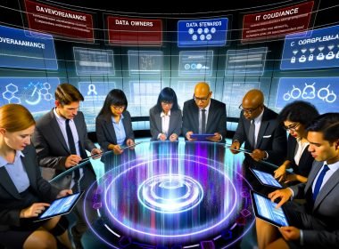 Futuristisches Büro mit transparentem Datenlake, umgeben von digitalen Datenströmen, wo Professionals aus verschiedenen Bereichen an holografischen Diagrammen und Complianceschlössern zusammenarbeiten. Bildschirme im Hintergrund zeigen die Begriffe Governance, Compliance und Datenqualität.