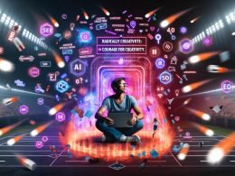Magazin-Cover im Neon-Futurismus: Content-Creator am Laptop mit Datenströmen, SEO-Icons und Analyse-Symbolen, umgeben von leuchtenden Ideenexplosionen in einer digitalen Arena.