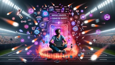 Magazin-Cover im Neon-Futurismus: Content-Creator am Laptop mit Datenströmen, SEO-Icons und Analyse-Symbolen, umgeben von leuchtenden Ideenexplosionen in einer digitalen Arena.