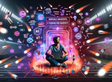 Magazin-Cover im Neon-Futurismus: Content-Creator am Laptop mit Datenströmen, SEO-Icons und Analyse-Symbolen, umgeben von leuchtenden Ideenexplosionen in einer digitalen Arena.