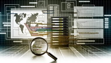 Detailreiche Collage einer modernen Website mit sichtbaren technischen Schichten, Serverracks, Codefragmenten und Fehlern wie 404-Seiten, vergrößert durch eine Lupe vor Netzwerk- und Datenstrom-Hintergrund.