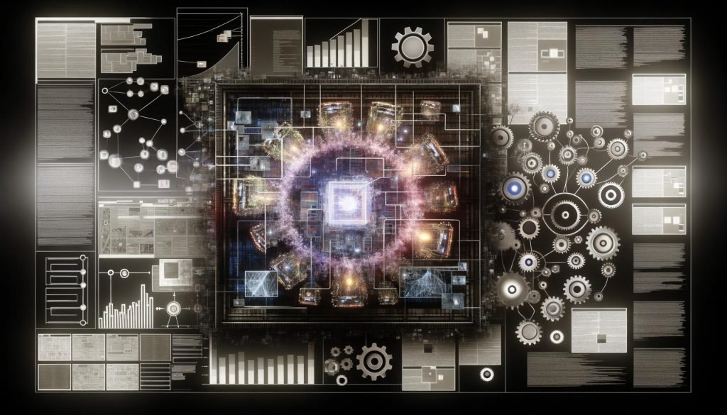 Dynamische Collage mit Datenströmen, Dashboard, Zahnrädern, AI-Icons und Native-Ads-Feldern im Stil eines modernen Magazintitels, die digitale Präzision, Automation und Machine Learning visualisiert.