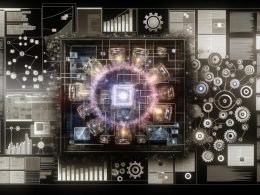 Dynamische Collage mit Datenströmen, Dashboard, Zahnrädern, AI-Icons und Native-Ads-Feldern im Stil eines modernen Magazintitels, die digitale Präzision, Automation und Machine Learning visualisiert.