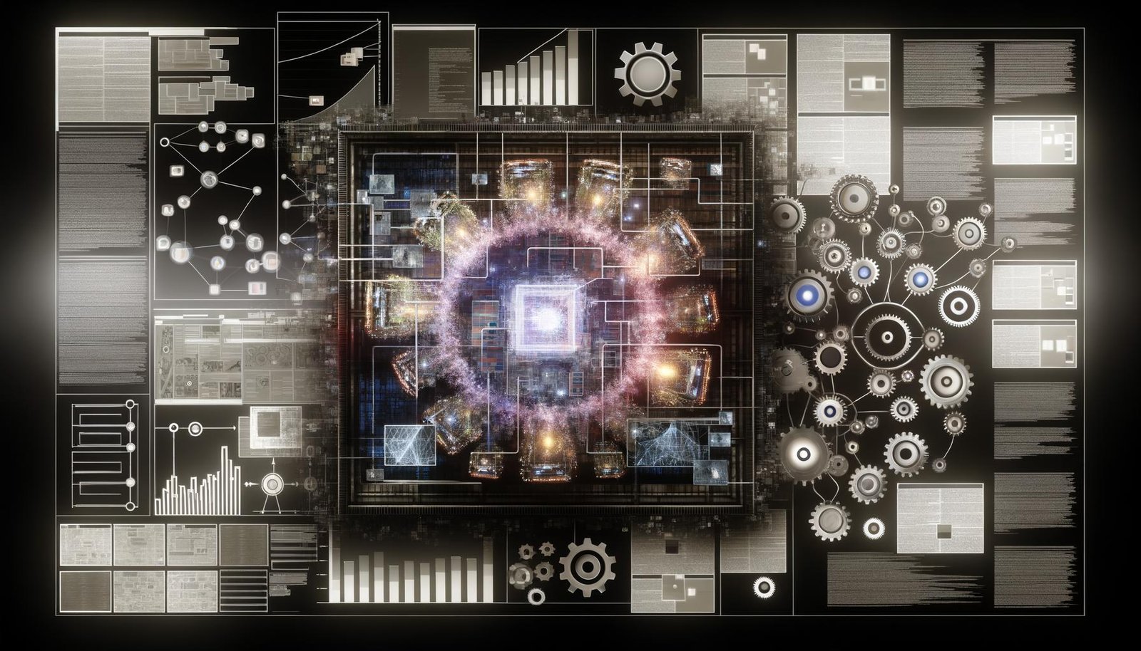 Dynamische Collage mit Datenströmen, Dashboard, Zahnrädern, AI-Icons und Native-Ads-Feldern im Stil eines modernen Magazintitels, die digitale Präzision, Automation und Machine Learning visualisiert.