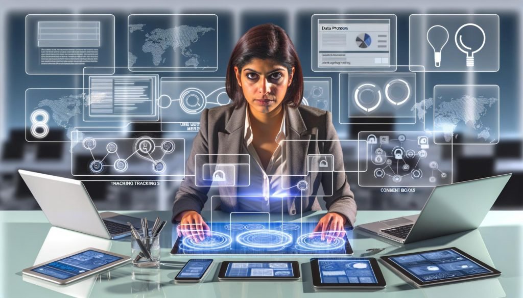 Marketingprofi analysiert komplexe digitale Datenflüsse auf einem Touchscreen, umgeben von Laptop, Tablet und Smartphone mit Tracking-Diagrammen, Consent-Checkboxen und Datenschutzsymbolen in modernem Büro