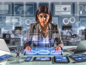 Marketingprofi analysiert komplexe digitale Datenflüsse auf einem Touchscreen, umgeben von Laptop, Tablet und Smartphone mit Tracking-Diagrammen, Consent-Checkboxen und Datenschutzsymbolen in modernem Büro
