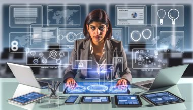 Marketingprofi analysiert komplexe digitale Datenflüsse auf einem Touchscreen, umgeben von Laptop, Tablet und Smartphone mit Tracking-Diagrammen, Consent-Checkboxen und Datenschutzsymbolen in modernem Büro