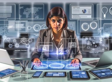 Marketingprofi analysiert komplexe digitale Datenflüsse auf einem Touchscreen, umgeben von Laptop, Tablet und Smartphone mit Tracking-Diagrammen, Consent-Checkboxen und Datenschutzsymbolen in modernem Büro