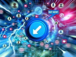 Eine abstrakte, digitale Szene mit einem großen blauen „Jetzt kaufen!“-Button, der von Avataren, Tweets, Emojis und Lichteffekten umgeben ist, vor einem schnellen X/Datenstrom-Hintergrund.