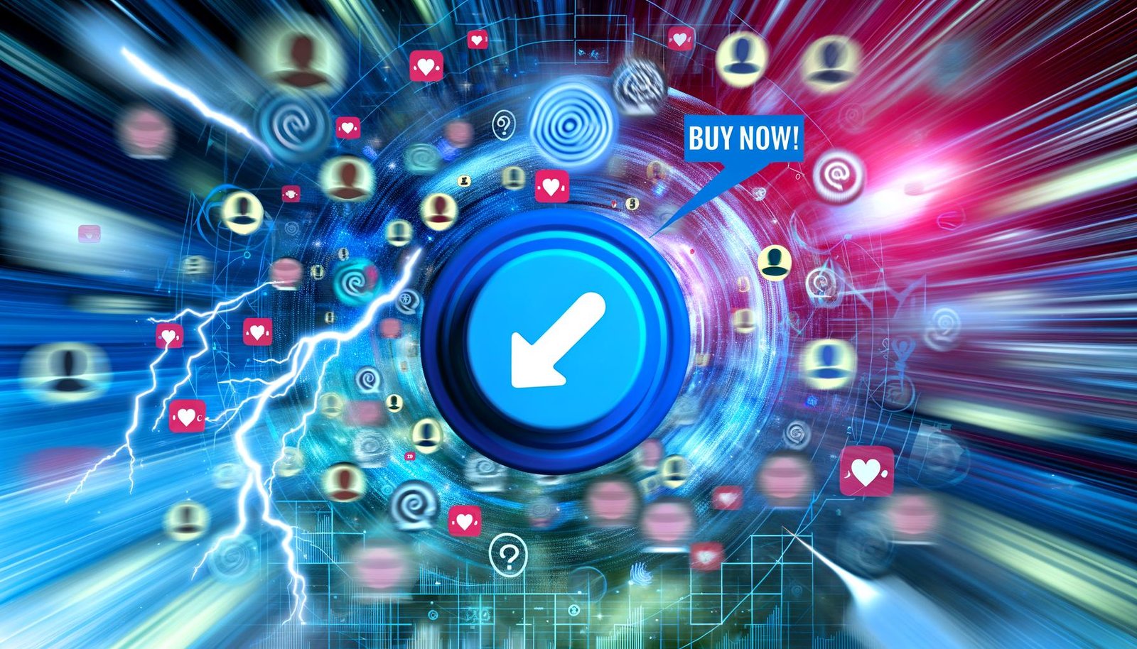 Eine abstrakte, digitale Szene mit einem großen blauen „Jetzt kaufen!“-Button, der von Avataren, Tweets, Emojis und Lichteffekten umgeben ist, vor einem schnellen X/Datenstrom-Hintergrund.