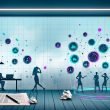 Moderne Büroszene mit Laptop, Notizblock und zerknüllten Excel-Ausdrucken, holographischen Datendiagrammen und Digitalstrateg:innen im Gespräch über Datenstrategie und Governance.