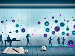 Moderne Büroszene mit Laptop, Notizblock und zerknüllten Excel-Ausdrucken, holographischen Datendiagrammen und Digitalstrateg:innen im Gespräch über Datenstrategie und Governance.