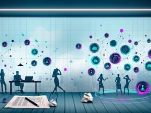 Moderne Büroszene mit Laptop, Notizblock und zerknüllten Excel-Ausdrucken, holographischen Datendiagrammen und Digitalstrateg:innen im Gespräch über Datenstrategie und Governance.