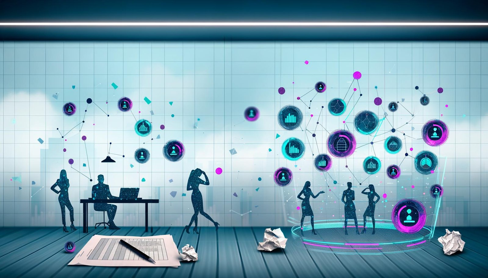 Moderne Büroszene mit Laptop, Notizblock und zerknüllten Excel-Ausdrucken, holographischen Datendiagrammen und Digitalstrateg:innen im Gespräch über Datenstrategie und Governance.