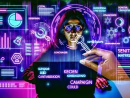 Editorial-Illustration eines Digital-Marketing-Strategen in einem futuristischen Arbeitsumfeld mit schwebenden Bildschirmen, SEO-Daten, Kampagnenplänen und kreativen Elementen.