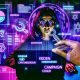 Editorial-Illustration eines Digital-Marketing-Strategen in einem futuristischen Arbeitsumfeld mit schwebenden Bildschirmen, SEO-Daten, Kampagnenplänen und kreativen Elementen.