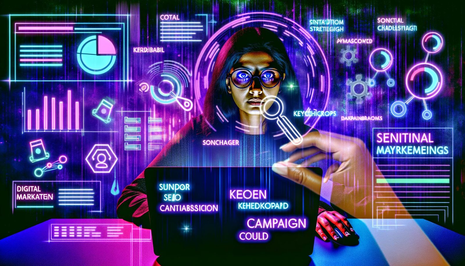 Editorial-Illustration eines Digital-Marketing-Strategen in einem futuristischen Arbeitsumfeld mit schwebenden Bildschirmen, SEO-Daten, Kampagnenplänen und kreativen Elementen.