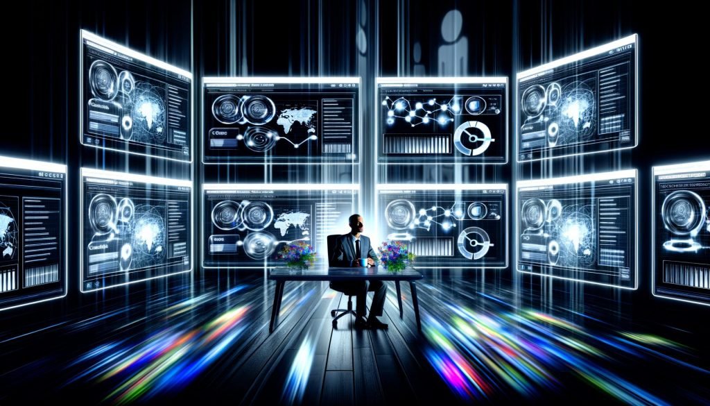 Professionelle Person vor mehreren Bildschirmen mit technischem SEO-Dashboard, tiefgehenden Metriken, interaktiven Graphen und digitaler Kontrolle, im Stil eines Hightech-Kommandostands.