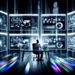 Professionelle Person vor mehreren Bildschirmen mit technischem SEO-Dashboard, tiefgehenden Metriken, interaktiven Graphen und digitaler Kontrolle, im Stil eines Hightech-Kommandostands.