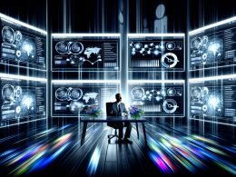 Professionelle Person vor mehreren Bildschirmen mit technischem SEO-Dashboard, tiefgehenden Metriken, interaktiven Graphen und digitaler Kontrolle, im Stil eines Hightech-Kommandostands.