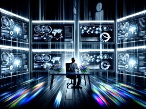 Professionelle Person vor mehreren Bildschirmen mit technischem SEO-Dashboard, tiefgehenden Metriken, interaktiven Graphen und digitaler Kontrolle, im Stil eines Hightech-Kommandostands.