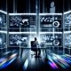 Professionelle Person vor mehreren Bildschirmen mit technischem SEO-Dashboard, tiefgehenden Metriken, interaktiven Graphen und digitaler Kontrolle, im Stil eines Hightech-Kommandostands.