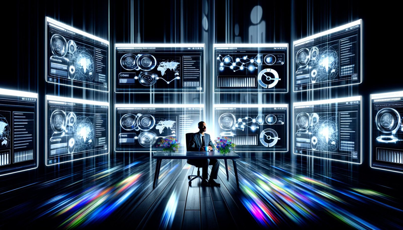 Professionelle Person vor mehreren Bildschirmen mit technischem SEO-Dashboard, tiefgehenden Metriken, interaktiven Graphen und digitaler Kontrolle, im Stil eines Hightech-Kommandostands.