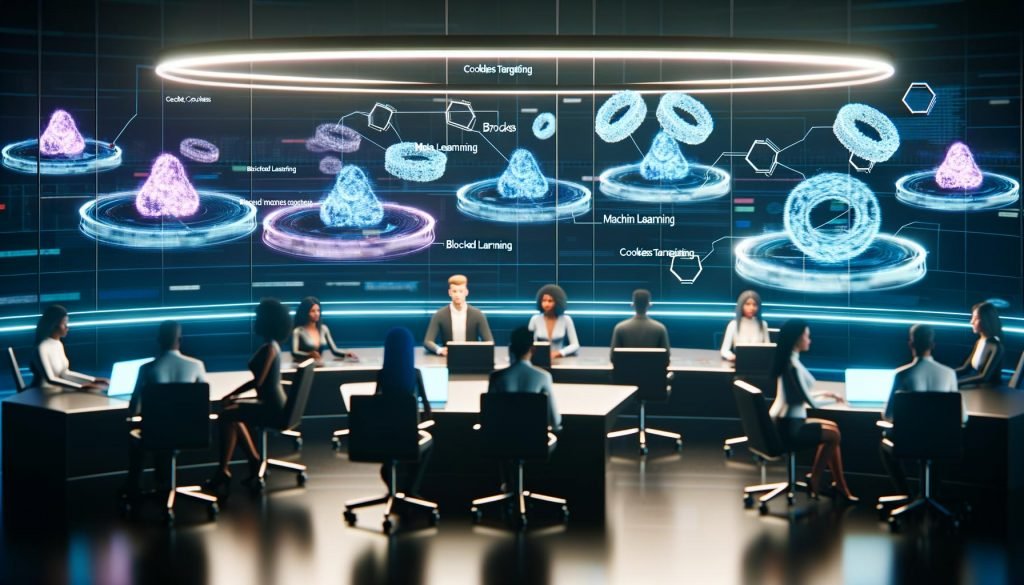 Mehrere junge Marketing- und Technologie-Experten arbeiten in einem futuristischen Kontrollraum mit holografischen Dashboards, die Themen wie cookieloses Targeting und Privacy-by-Design präsentieren.