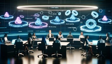Mehrere junge Marketing- und Technologie-Experten arbeiten in einem futuristischen Kontrollraum mit holografischen Dashboards, die Themen wie cookieloses Targeting und Privacy-by-Design präsentieren.