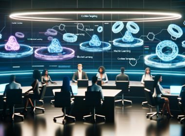 Mehrere junge Marketing- und Technologie-Experten arbeiten in einem futuristischen Kontrollraum mit holografischen Dashboards, die Themen wie cookieloses Targeting und Privacy-by-Design präsentieren.