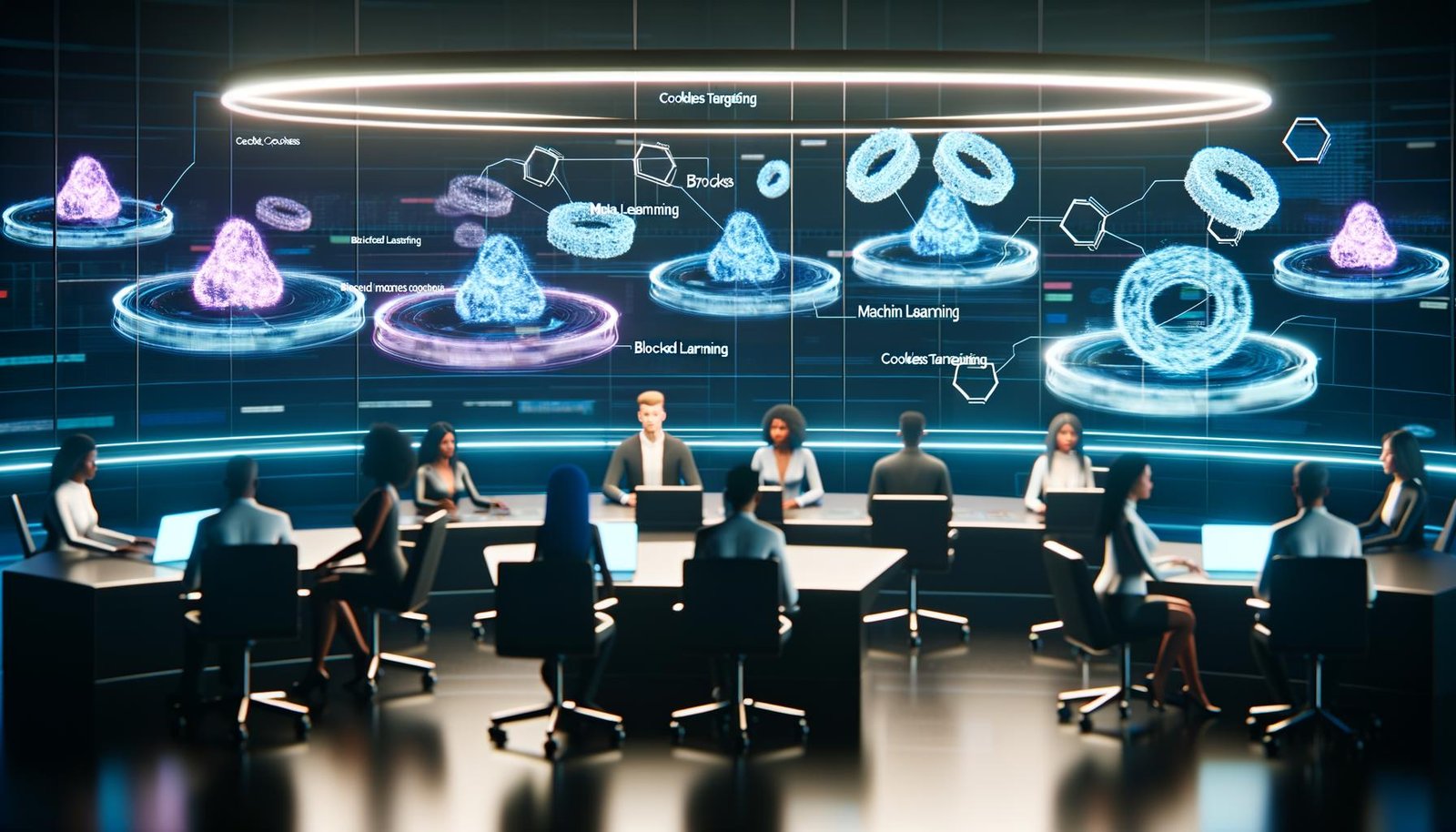 Mehrere junge Marketing- und Technologie-Experten arbeiten in einem futuristischen Kontrollraum mit holografischen Dashboards, die Themen wie cookieloses Targeting und Privacy-by-Design präsentieren.